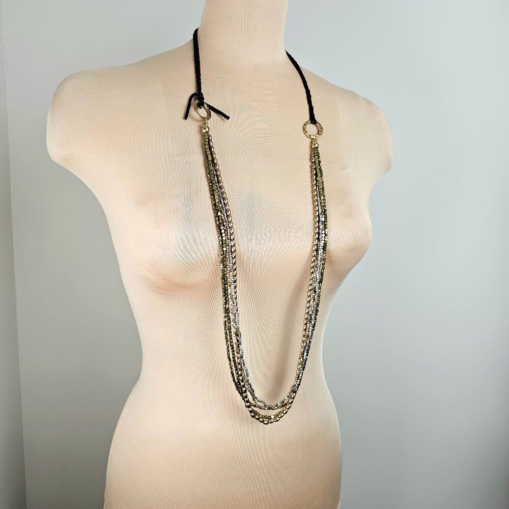 Lucky Brand Multi Strand Beaded Necklace Mixed Metal Boho Braided Cord Long Neck